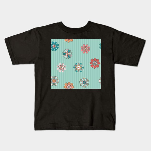 Pattern of colorful rosettes on mint green stripes Kids T-Shirt by colorofmagic